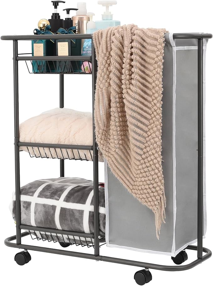 Rolling Laundry Sorter with 3 Storage Baskets and 45 L Bag | 3-Tier Laundry Caddy, Between Washer and Dryer, With Wheels and Handle, For Narrow Space Bathroom Apartment Dorm by Lucalda