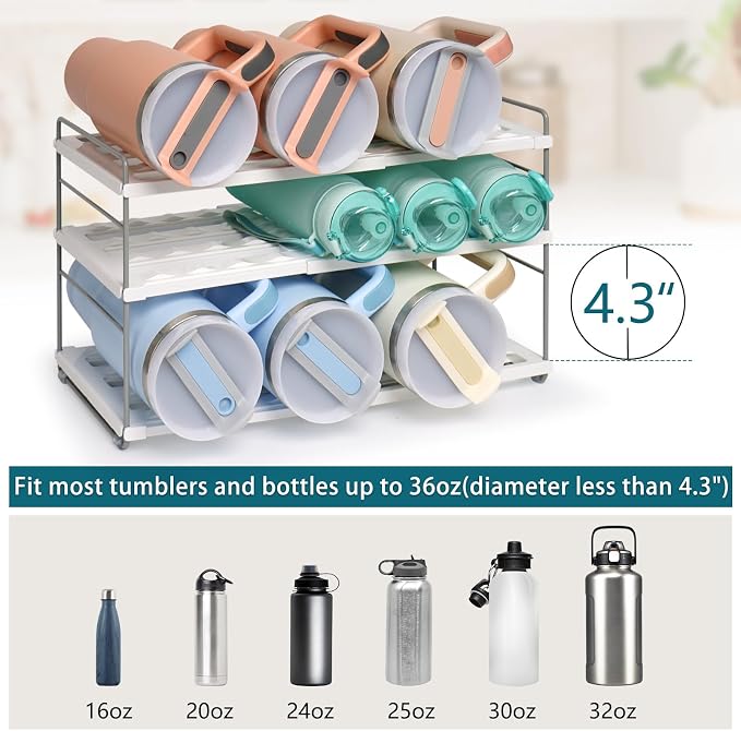 10.6-16.7" Adjustable Width Water Bottle Organizer for Cabinet, 3-Tier Expandable Water Bottle Holder Rack, Cup and Tumbler Storage for Kitchen Organization, Sports Flask, Insulated Travel Mug, Fridge - Image 4