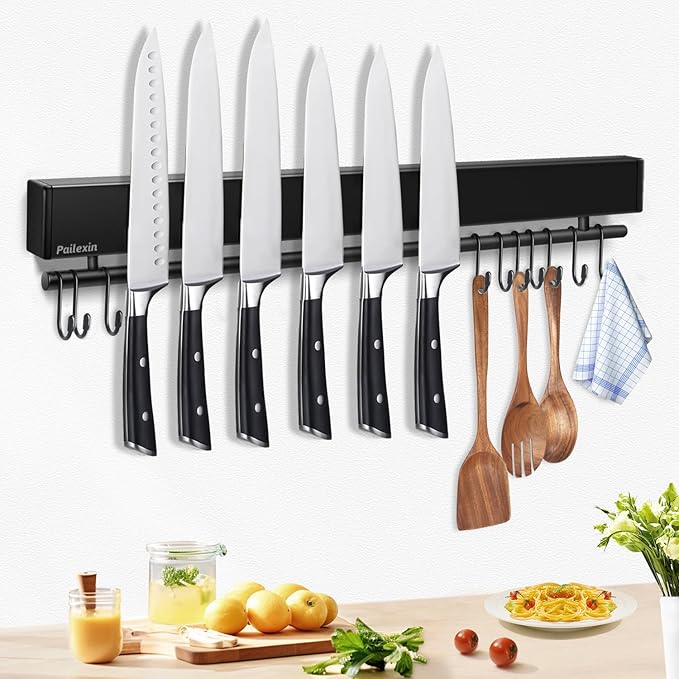 20 inch magnetic knife holder with 10 hooks, No Drilling black knife magnetic strip and utensil hanger for wall, Powerful knife magnet rack include tape and screws by Unknown