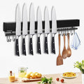 20 inch magnetic knife holder with 10 hooks, No Drilling black knife magnetic strip and utensil hanger for wall, Powerful knife magnet rack include tape and screws by Unknown