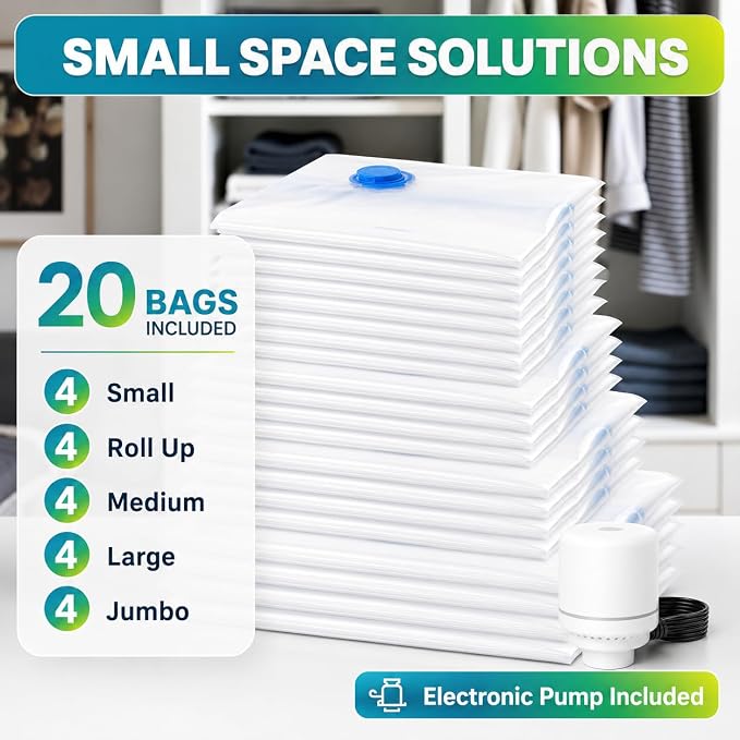 FUNFERY 20 Pack Vacuum Seal Bags for Clothing Travel,Vacuum Storage Bags with Pump,Compressing Packing Bag for Clothes,Blankets,Comforters,Home Storage,Space Saving Bag for Moving Supplies-Combo Set - Image 8