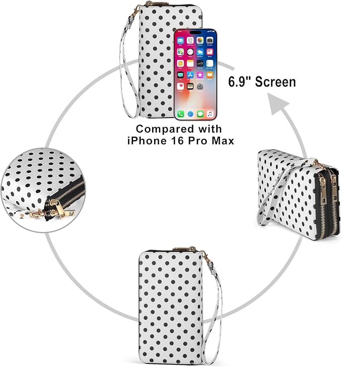 RFID Blocking Cellphone Wallet for Women with Removable Strap, Large Capacity Multi Card Wristlet Purse for Travel, Coin Pocket & Double Zipper, Polka Dot - Image 5