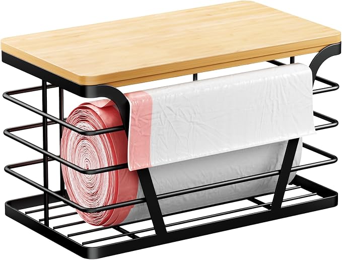 TIDIIABODE Small Grocery Bag Holder, Trash bag holder with Removable Bamboo Top, Wall Mount, No Drill, Stainless Steel, Black by TrashBagHolder