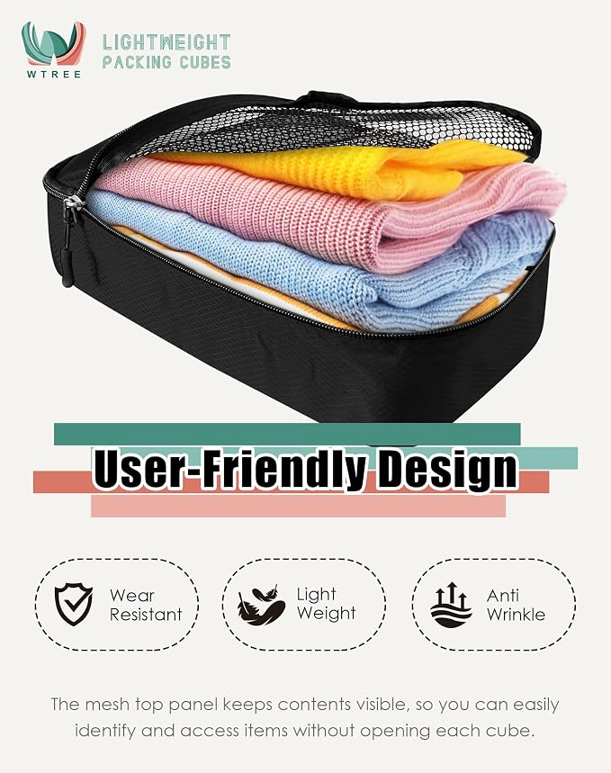 WTREE 4-Piece Packing Cubes Travel Accessories Set for Suitcases - Luggage Organizer Bags with Double Zipper - Mesh Top - Medium - Black - Image 3