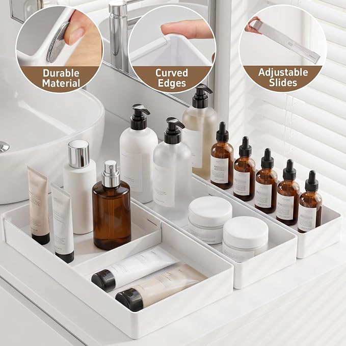 PAVSTINE 3-Pack Expandable Makeup Drawer Organizer, L/M/S | Adjustable 9.45"–16.69", Customizable Compartments, 3-Size Storage Tray for Kitchen, Bathroom, Vanity & Office - Image 4