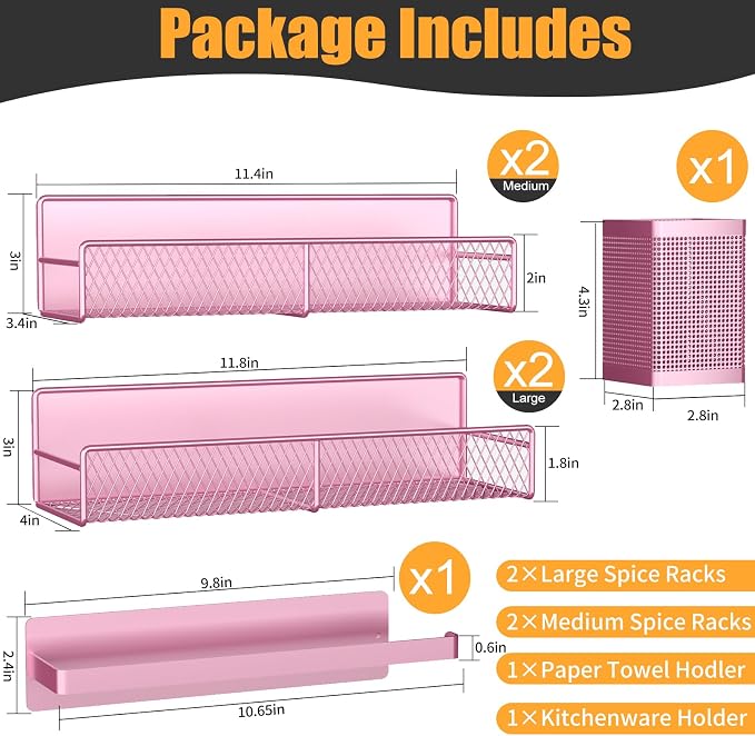 Magnetic Spice Rack for Refrigerator, 6 Pack Metal Magnetic Shelf Pink, Moveable Spice Organizer, Strong Magnetic Storage Fridge Organizer with Paper Towel Holder, Utensils Holder - Image 2