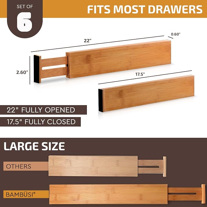6-Pack Drawer Dividers 2.6-Inch High Dresser Organizer 16 to 22 Inch, White | Bamboo, Spring Loaded, No Tools Needed, Fits Wide Drawers for Socks, Clothes, Utensils, Bedroom, Bathroom, Kitchen, Office - Image 9