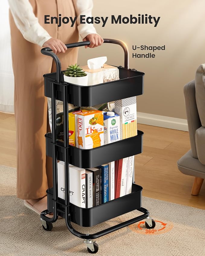Pipishell Metal 3 Tier Rolling Cart with Handle & 2 Lockable Wheels, Black | Four Large 2" Wheels for Easy Motion, Sturdy Metal, Hold 22 lbs per Shelf, Ideal for Nursery Room, Living Room, Painting Room - Image 3