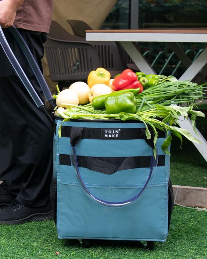 Reusable Grocery Bag on Wheels, Rolling Tote, 46 LBS, Small | Shopping bag on Wheels, 8 Pockets, Zipper Cover, Foldable, Heavy Duty Handles, Blue - Image 5