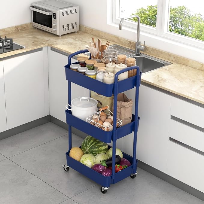 Sywhitta 3-Tier Plastic Rolling Utility Cart with Wheels for Storage,Blue | Multi-Functional Storage Trolley, for Office, Living Room, Kitchen, Bathroom,Movable Organizer,Space-Saving,Easy to assemble - Image 5