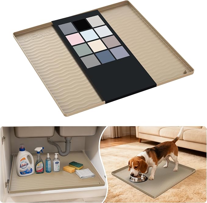URMONA Waterproof Silicone Under Sink Mat 19'' x 19'' Shelf Liner for Kitchen and Bathroom, Cabinet and Counter Protector, Storage and Organizers, Litter Mat, Pet Cat Puppy Essentials(Khaki) by URMONA