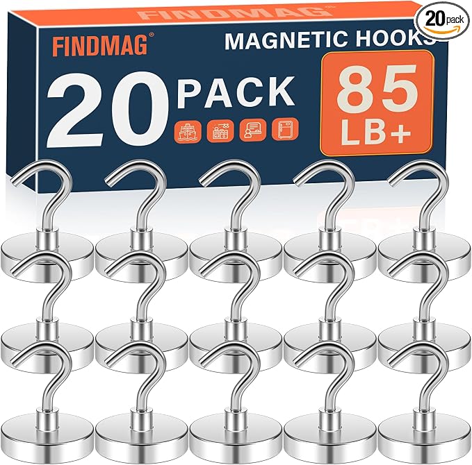 FINDMAG Magnet Hooks, 20 Pack 85LB+ Magnetic Hooks for Cruise Cabins | Heavy Duty Strong Neodymium Magnets with Hooks for Hanging, Ship, Fridge, Locker, Kitchen, Office and Grill, Silver by FINDMAG
