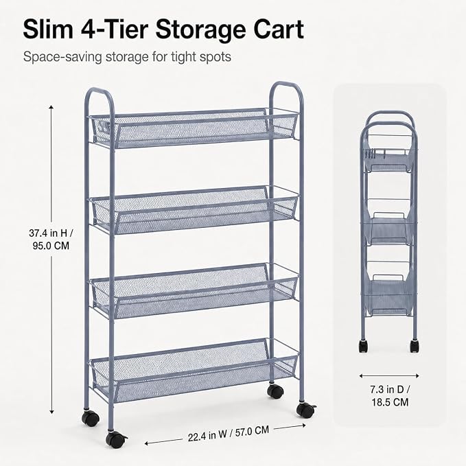 American Dream Matte Grey 4-Tier Mesh Basket Rolling Cart with Wheels Slim Metal Storage Organizer Trolley, 22.4" x 7.3" x 37.4" - Image 2