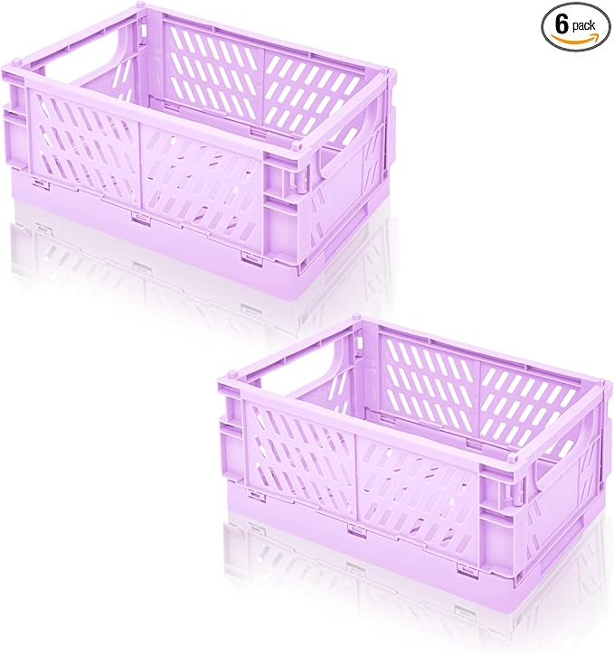 2 Pack Mini Foldable Small Plastic Baskets for Organizing and Storage，Collapsible Storage Crates,Mini Bins for Home Kitchen Bedroom Bathroom Office (Purple, Large 10x6.5x4) by Daixers