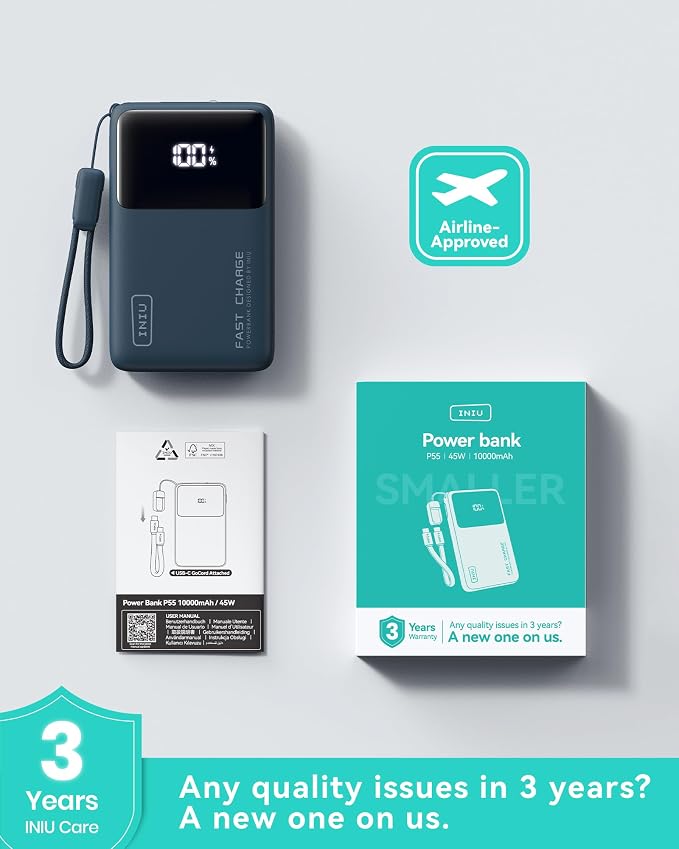 INIU Power Bank, Compact 10000mAh 45W PD Fast Charging Portable Charger | Detachable USB-C Cable, Stand, Flight-Safe, Travel, Flashlight, Battery Pack for iPhone 17 16, Samsung S26, iPad etc, Blue - Image 7