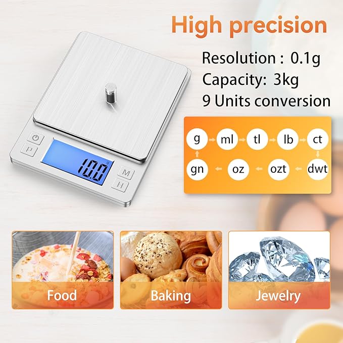 BOMATA Upgraded Small Food Scale with 0.1 g/0.001 oz High Precision | 3000 g/6.6 lb, New Hold Function, Larger Display, USB Rechargeable, Digital Kitchen Scale for Small Item, Jewelry. Sliver - Image 4
