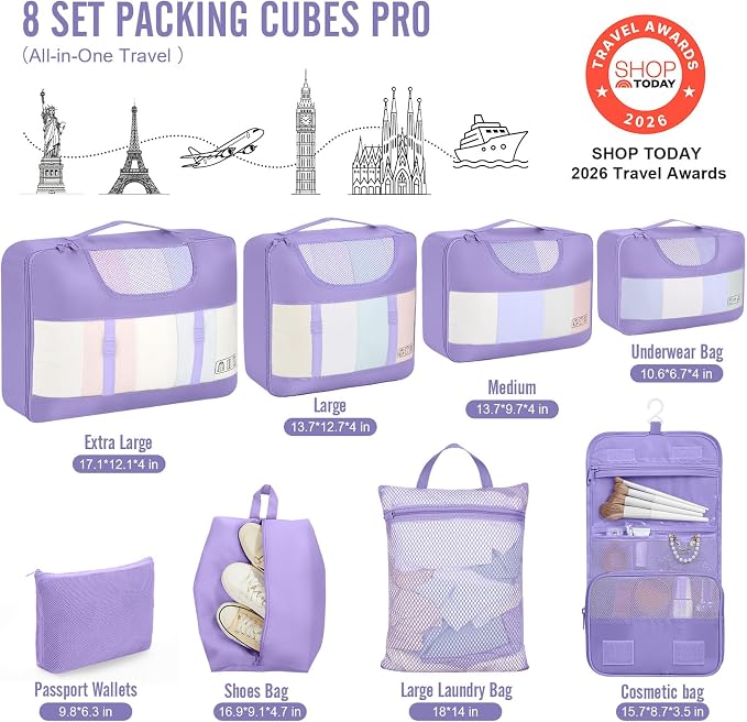 Veken 8 Set Packing Cubes for Travel Essentials,Anti-Wrinkle Buckled Suitcase Organizer for Shoe & Toiletry Bag,Carry On Luggage Bag with 99+ Count Mesh Holes for Airplane & College Dorm Accessories - Image 2