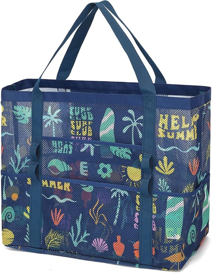 Fammart Mesh Beach Bag for Women, Large Beach Toy Pool Bag with Zipper Pocket, SandProof Cruise Essentials 2026 Family Travel by Fammart