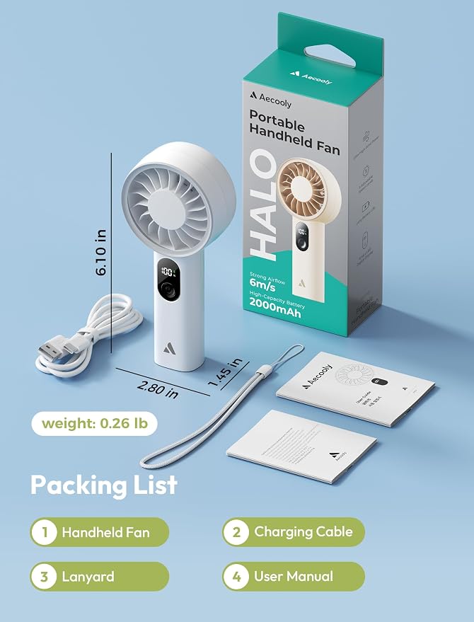 Aecooly Mighty Portable Fan, Powerful Handheld Fan, USB Rechargeable | [10H Max Cooling Time], Mini Personal Battery Powered, Pocket for Travel, Summer, Gifts for Women, Girls -White - Image 8