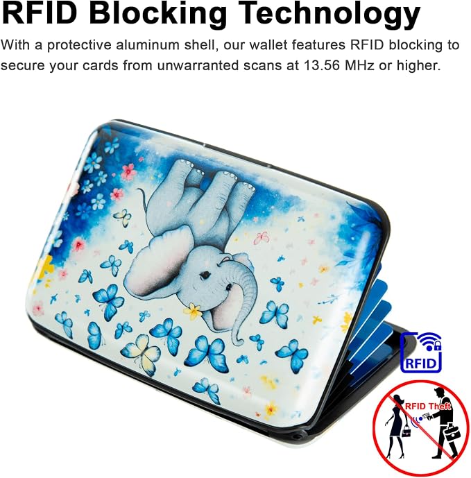 Credit Card Holder for Women Men RFID Blocking Wallet Small Business Metal Slim Mini Aluminum Hard Case (Elephant Butterflies) - Image 3