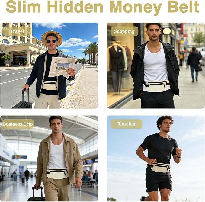 FuninCrea Waterproof Hidden Money Belt for Travel, Anti-Theft Belt Bag with RFID Blocking Function Adjustable Slim Waist Bag with 2 Zipper Pockets and 1 Back Pocket for Travel Running (B, Beige) - Image 5
