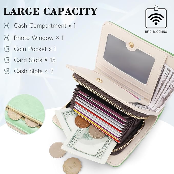 KITEVIUN Women RFID Blocking Small Bifold Wallet, Compact Cash Clutch with Zipper Coin Pocket, Glittery Butterfly Design, Credit Card Holder, Travel Purse with Tassel PEPPERMINT-GREEN - Image 4