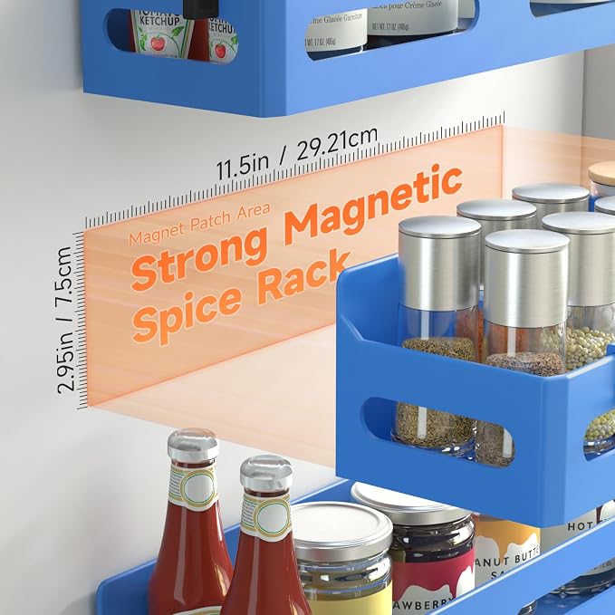 4-Pack Magnetic Spice Rack for Refrigerator with Hooks, Blue | Strong multipurpose magnetic shelf for kitchen & bathroom organization. Includes 4 removable hooks for hanging items. - Image 2