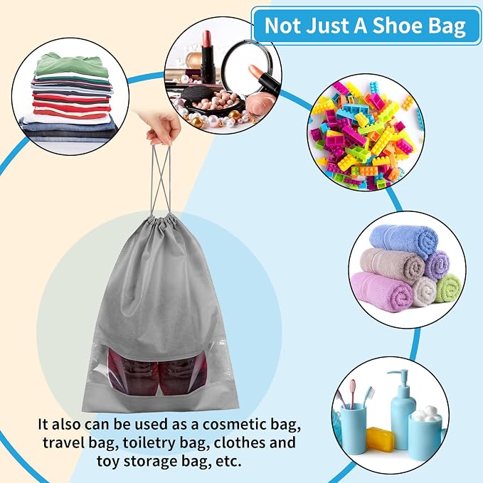 Grey Travel Shoe Bags - 10 Pcs Non-Woven Packing Bags with Clear Window | 15.7" x 11.8" Waterproof Dustproof Portable Travel Shoe Storage Bag for Men and Women - Image 6