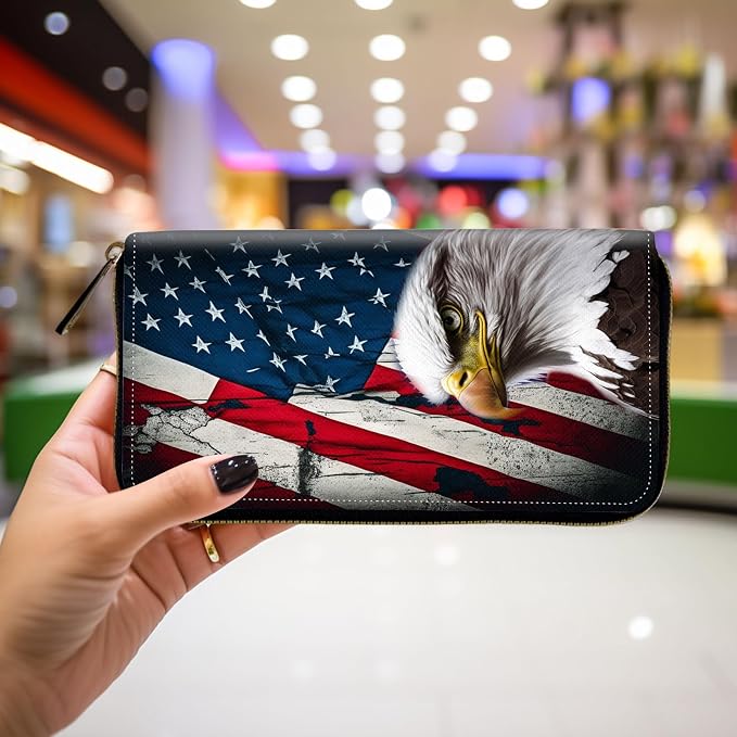 Wallet,Leather Long Wallet Suitable For Ladies And Teenagers - Detachable Wristband + RFID Travel Wallet With Card Slot - Bald Eagle American Flag - Image 4