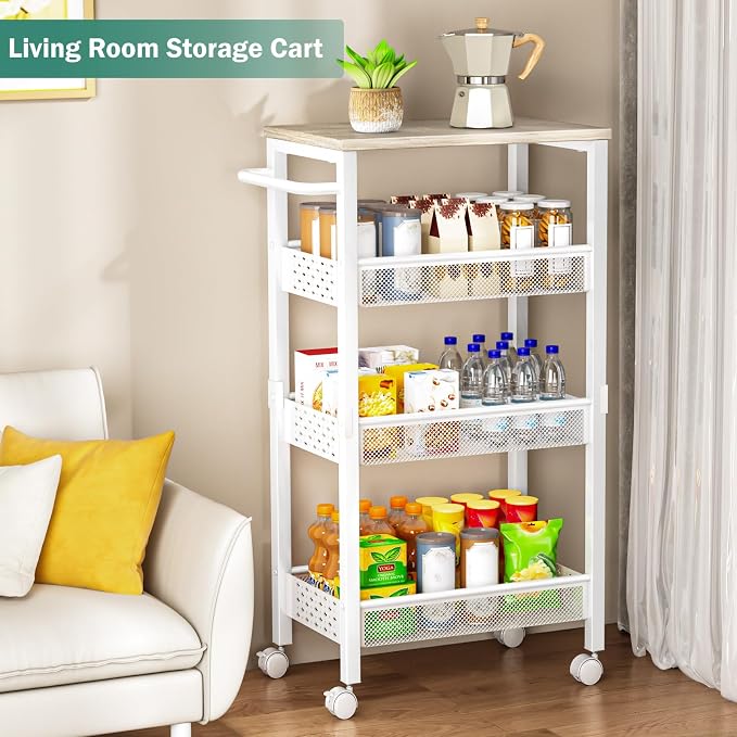 Vivihomety 4-Tier Laundry Utility Rolling Storage Cart with Wheels, Metal | Narrow 8.1" wide, lockable wheels, wood top panel, metal frame, for laundry room, small spaces, pantry, tight gaps, White - Image 6