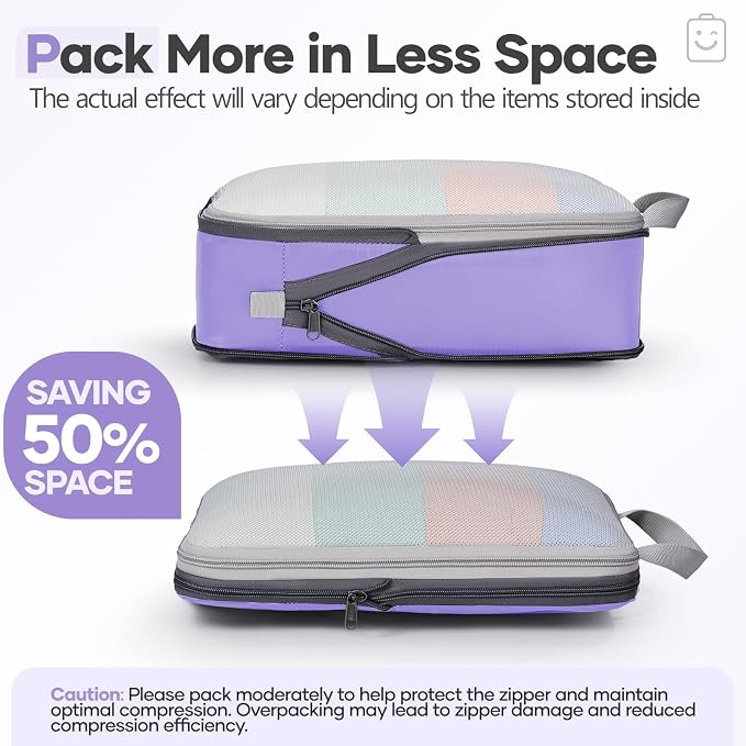 Veken 9/11 Set Compression Packing Cubes Garment Bags for Travel Essentials,Compressible Expandable Luggage Organizer Bags for Clothing,Space Saver Bags with Over 1000 pcs of Mesh Holes(Light Purple) - Image 6