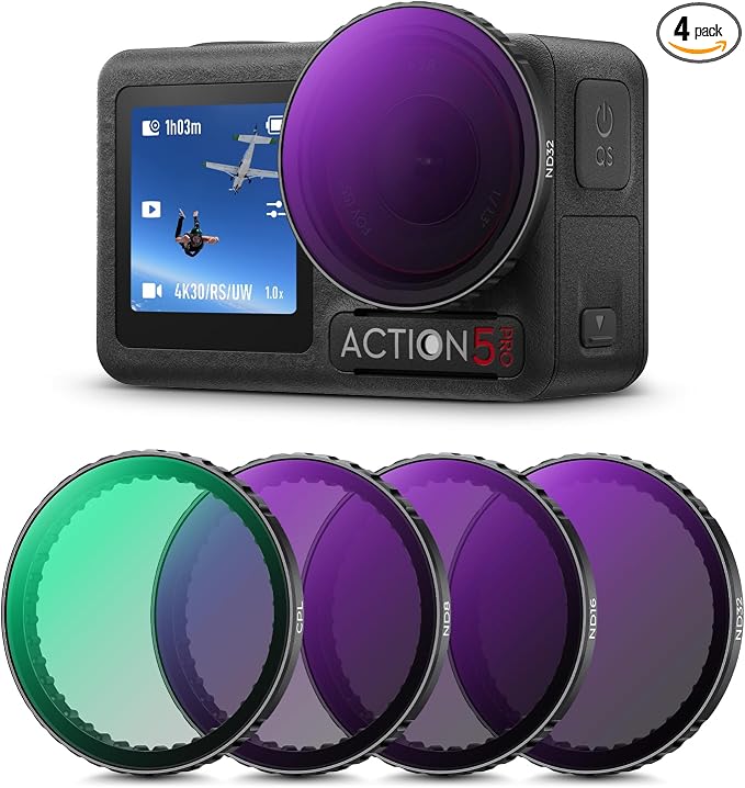 K&F CONCEPT Snap On PL ND Filter Compatible with DJI Osmo Action 4/5 Pro | 4 Pack Push-in Fit CPL ND8 ND16 ND32 Polarizing Neutral Density Filter, HD Optical Glass Multi-Coated, Easy to Install, FD131 by KFCONCEPT