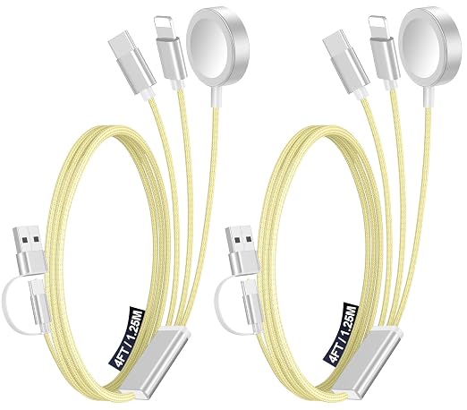 2Pack Travel Essentials for Apple Watch Charger,3-in-2 Multi Charging Cable | Cruise Vacation Camping Essentials for iPhone Charger,Type C/Lightning for iWatch,iPhone 17-12,Xbox Series X&S-4FT Yellow by Accessoriesforphoneandelectricproducts