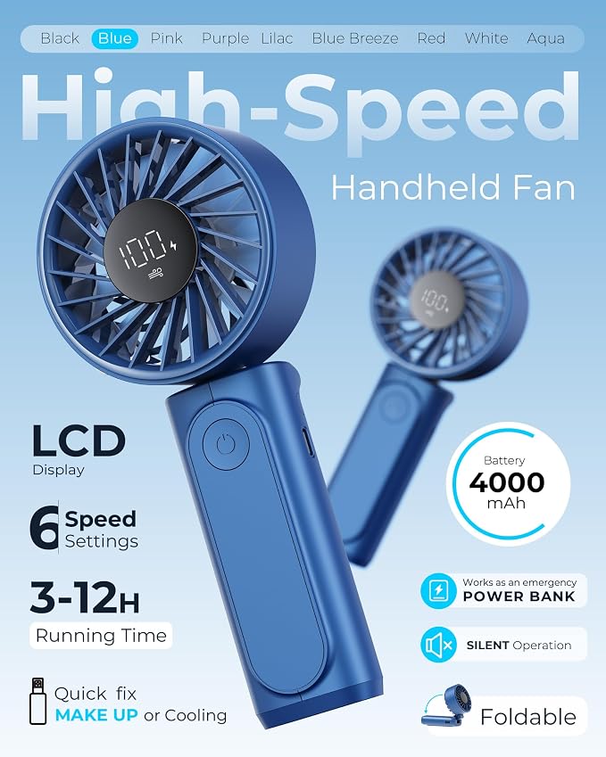 Handheld Fan, Portable Fan, 4000mAh Rechargeable Personal Fan, 180° Foldable Mini Desk Fan with 6 Wind Speed, LCD Digital Display, Lanyard as Neck Fan, Ultra Quiet, Pocket Size for Indoor Outdoor - Image 2