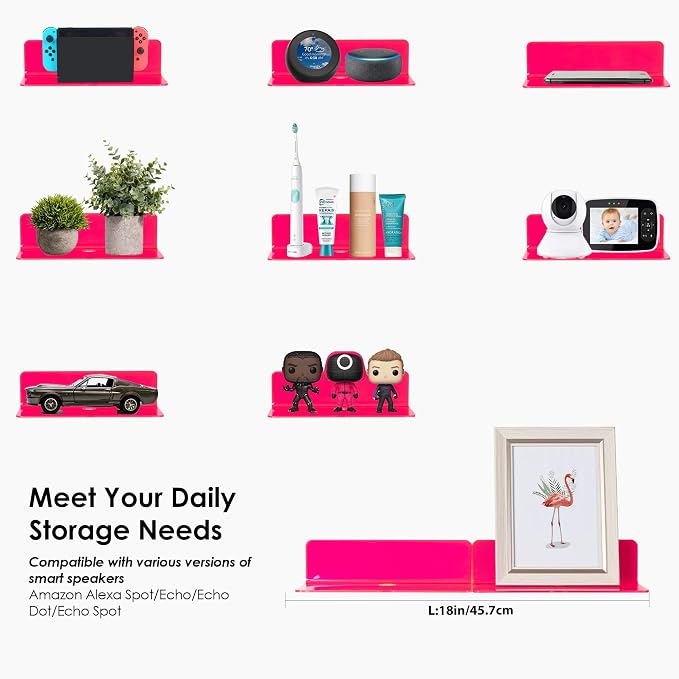 OAPRIRE Acrylic Floating Wall Shelves Fluorescent Pink, No Drill, 9 Inch 2P | Strong Tape Adhesive Wall Shelf, Easy Installation, Hole Design with Cable Clips, Small Spaces Bedroom Bathroom Living Room - Image 7