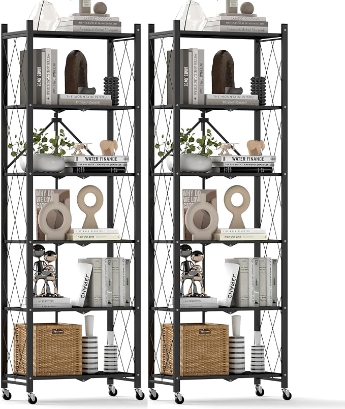 DEANIC 6-Shelf Folding Bookcase with Wheels, Heavy Duty Storage Shelves, Freestanding Metal Wire Shelving Unit for Living Room, Office, Kitchen, Basement, Pantry (Black 2 Pack) by ShowNow