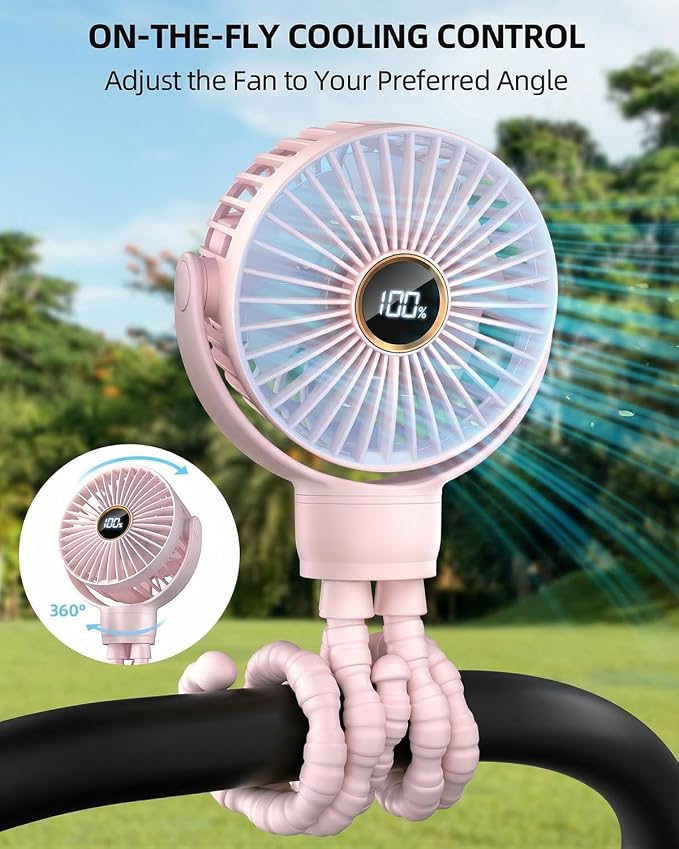 Portable Stroller Mini Fan, Small Rechargeable Personal Cooler w/ 360° Rotation, 3-Speed, Display, Battery Powered Stroller Accessories, Baby Essentials for Car Seat, Crib, Bike, Treadmill, Sakura - Image 2