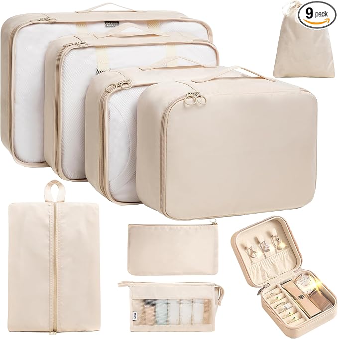 9 Set Packing Cubes for Carry on Suitcase Travel Organizer Bags for Luggage Suitcase Organizer Bags Packing Cube Set for Packing Women Men (Beige) by TRAILKICKER