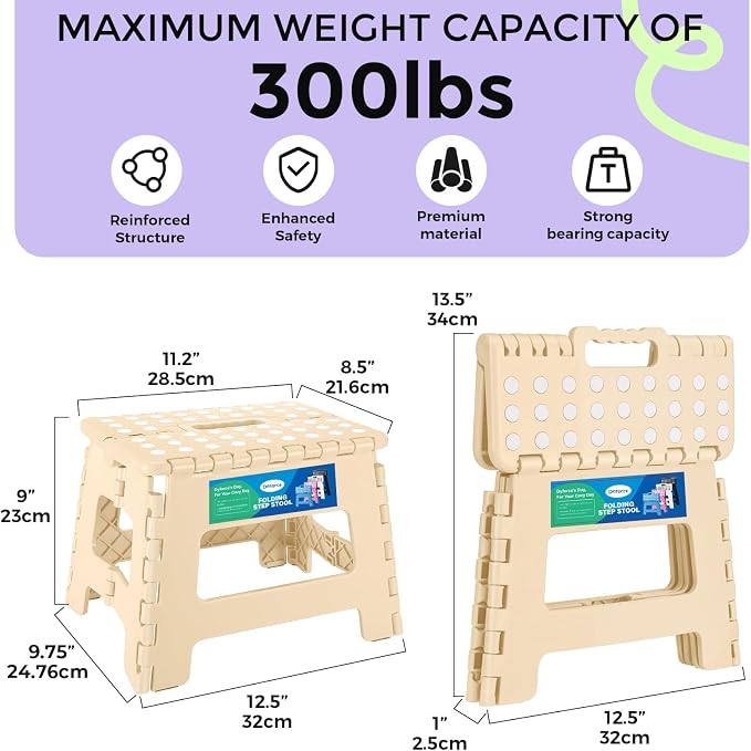 Dyforce Kids Step Stool 9 Inch, 300lbs Folding Step Stool for Toddler | Step stool for Khaki,Anti-slip Heavy Duty with Handle, Lightweight Foldable Foot Stool for Bathroom Kitchen Bedroom Outdoor - Image 2