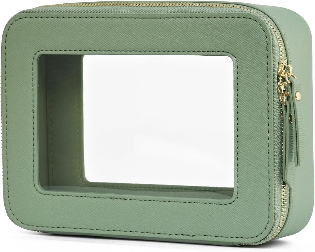 Clear Makeup Bag with Zipper Travel Toilrty Bag Sage Green Medium | Structured Clear Cosmetic Case for Women, Car Essential Organizer Bag, Waterproof PU Leather, Dual Zipper, Wide Opening by POPVIBE
