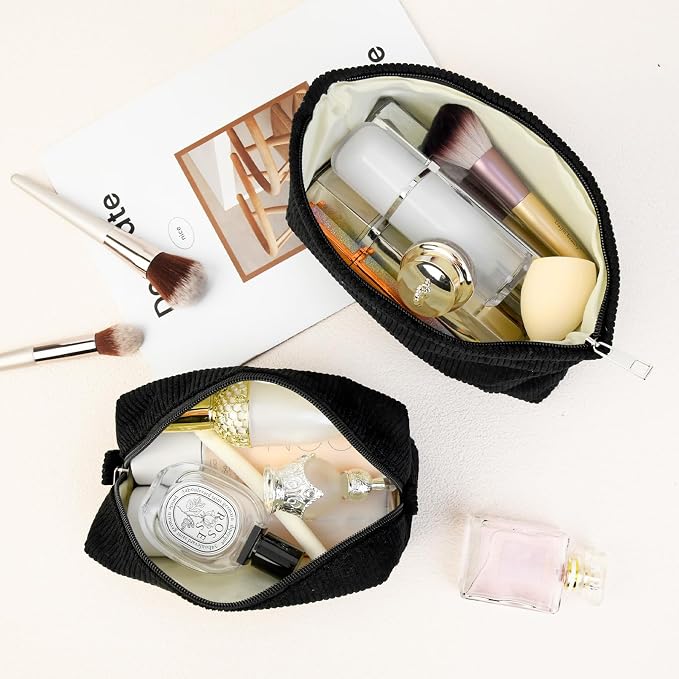 SOIDRAM 2 Pcs Corduroy Makeup Bag Large Cosmetic Bag Toiletry Bag Makeup Pouch Travel Bag Organizer Cute Makeup Brushes Aesthetic Accessories Storage Bag for Women Black - Image 4
