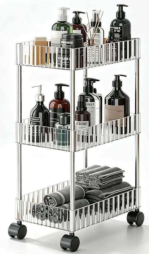 Sooyee Slim Clear 3-Tier Plastic Rolling Utility Cart with Wheels | Multi-Functional Storage Trolley, For Office, Living Room, Kitchen, Movable Storage Organizer by Sooyee