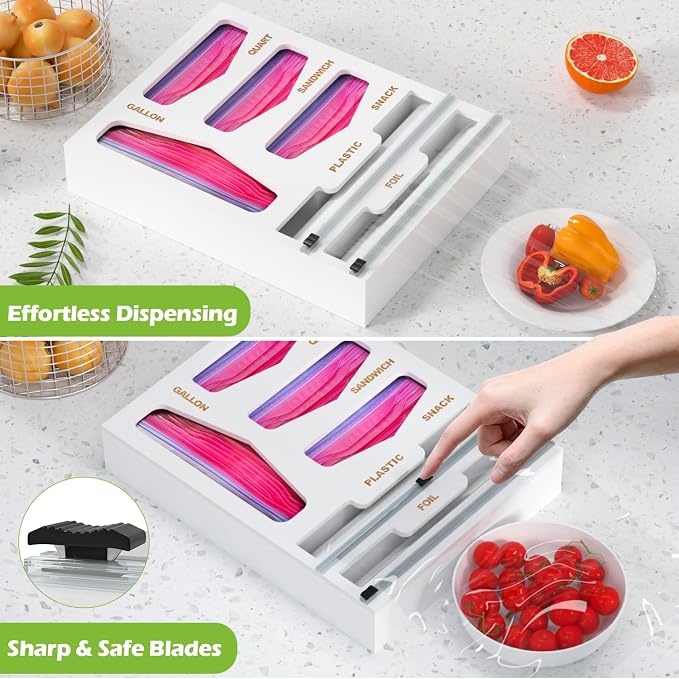6 in 1 Bag Organizer and Wrap Dispenser with Magnetic Lid - Plastic Wrap Dispenser with Cutter for Kitchen Drawer, Storage for Gallon, Quart, Sandwich, Snack Bags, and Foil White - Image 6
