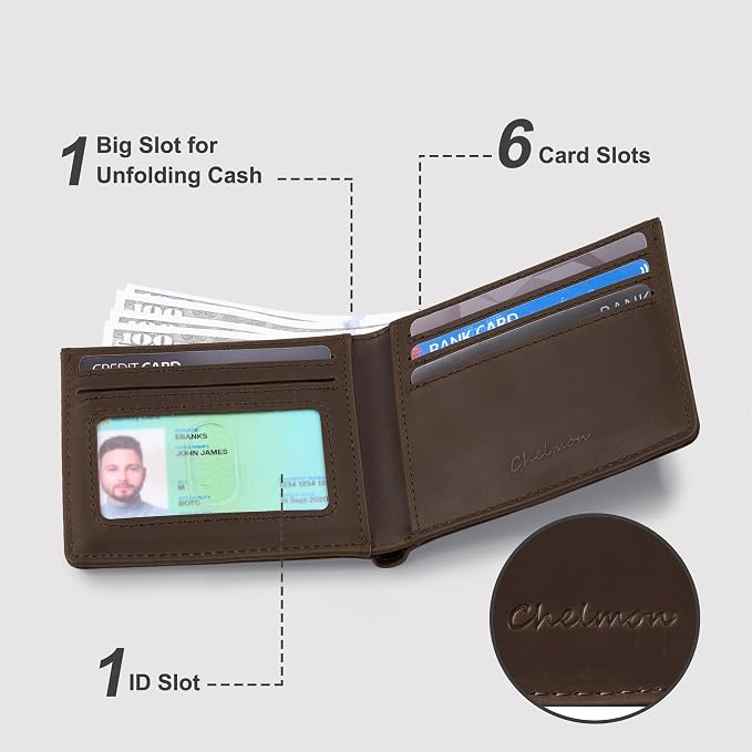 Chelmon Genuine Leather Slim Wallet for Men ID Window with RFID Blocking Minimalist Mens Front Pocket Bifold Bussiness Card Holder Gift for Men, Craze Horse Brown - Image 2