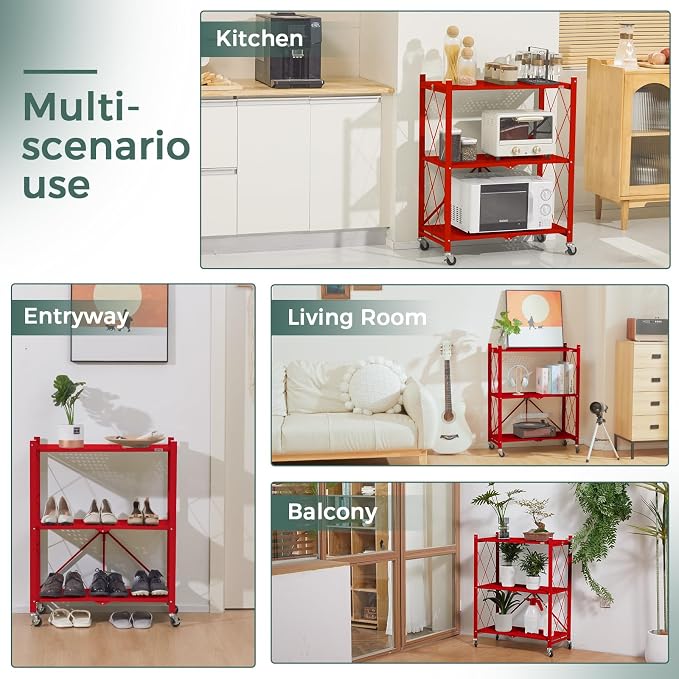 DEANIC 3 Tier Foldable Storage Shelves with Wheels, Kitchen Appliance Stand, Freestanding Metal Wire Shelf Rack, No Assembly Organizer Rolling Cart for Garage, Basement, Pantry(Red Pack of 2) - Image 4