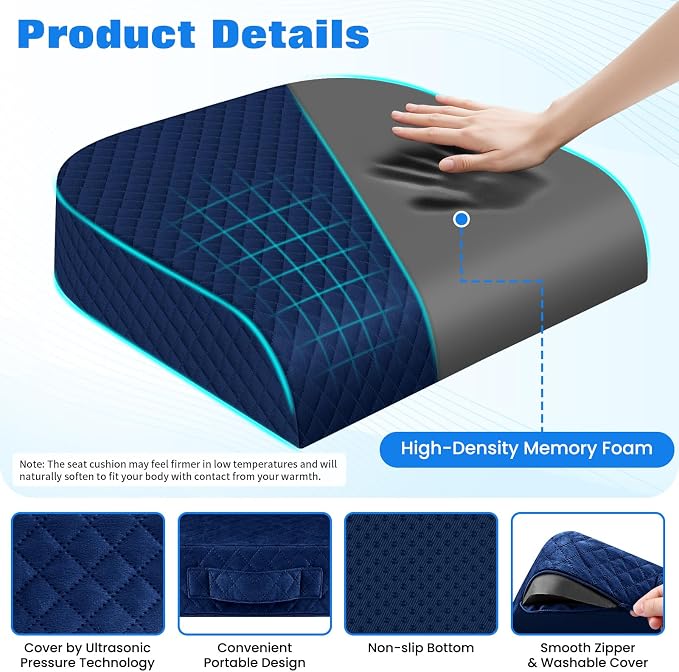Seat Cushion, Office Chair Cushion, Chair Pad, Large, Blue, Large | Memory Foam, Washable Cover, Non-slip Bottom, Portable Handle, for Office, Home and Car - Image 3