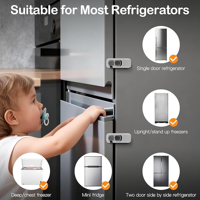 Child Proof Refrigerator Lock for Kids, 2 Pack Baby Safety Fridge Locks for Kids, No Tools Need or Drill Freezer Latch to Keep Door Closed for Residential Garage Fridge or Camper RV Refrigerator, Gray - Image 4