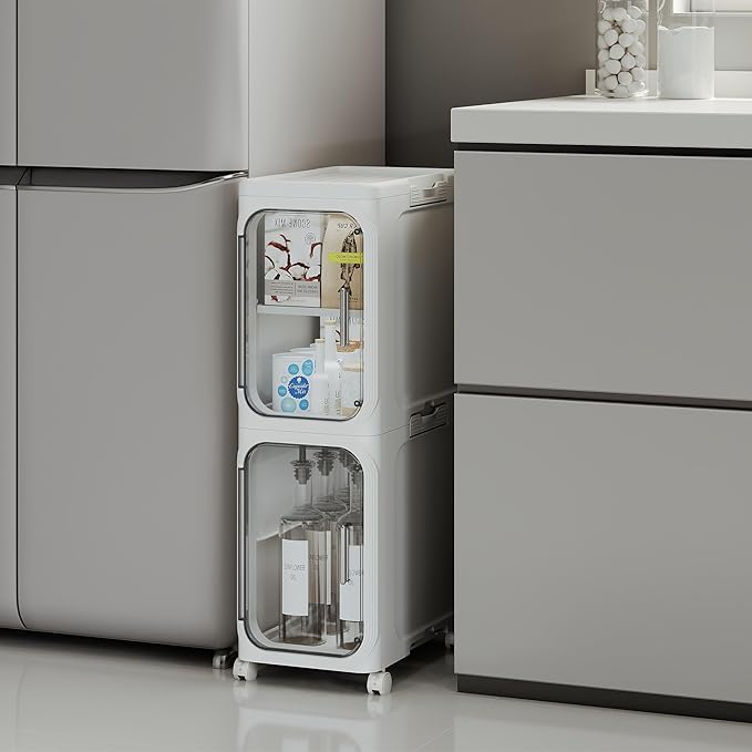 Narrow Slim Bathroom Storage Cabinet with Wheels, 2-Tier White | Tool Free Assembly, Adjustable Shelves, Fits for Narrow Spaces, Reinforced Stability, Magnetic Clear Door by Lifelongpal