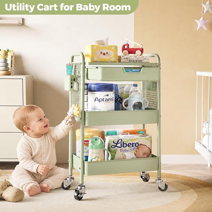 KINGBOARD 3 Tier Metal Rolling Cart with Drawer, Green Utility Storage Cart | 2 Cups & 4 Hooks, Lockable Wheels, Trolley Organizer for Bathroom, Kitchen, Office, Nursery, Dorm, Laundry, Craft Room - Image 8