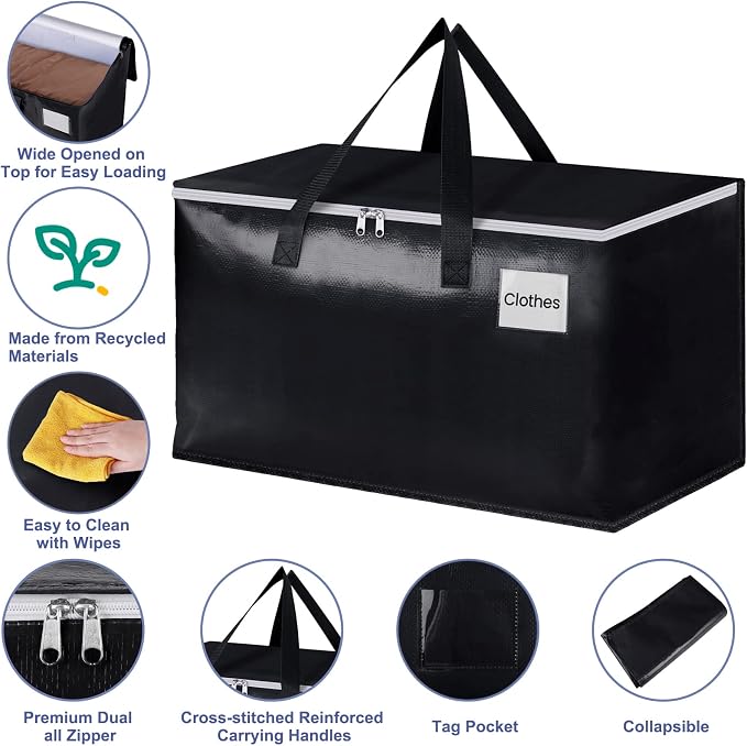 StorageRight Moving Bags, Moving Boxes, 93L 6-Pack Sotrage Bags Totes,Black | Heavy Duty Storage Bins with Lids, Zipper, Reinforced Handles, Tag Pocket, Foldable Moving Supplies for Collge, Dorm,Travel - Image 3